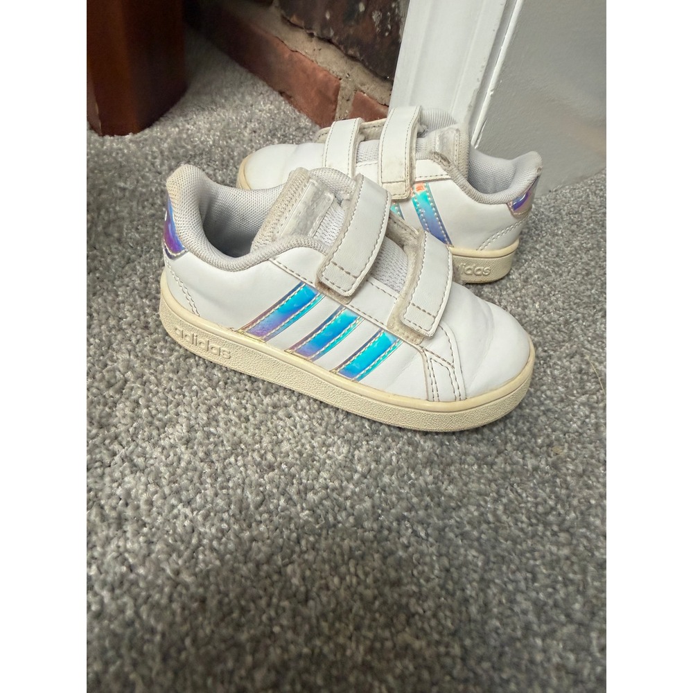 Adidas Grand Court Toddler Shoes White Iridescent Holographic Sneakers Size 7K